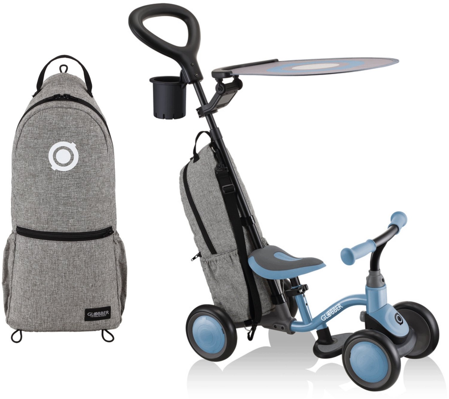 merkloos loopfiets 3 in 1 met zonnekap blauw