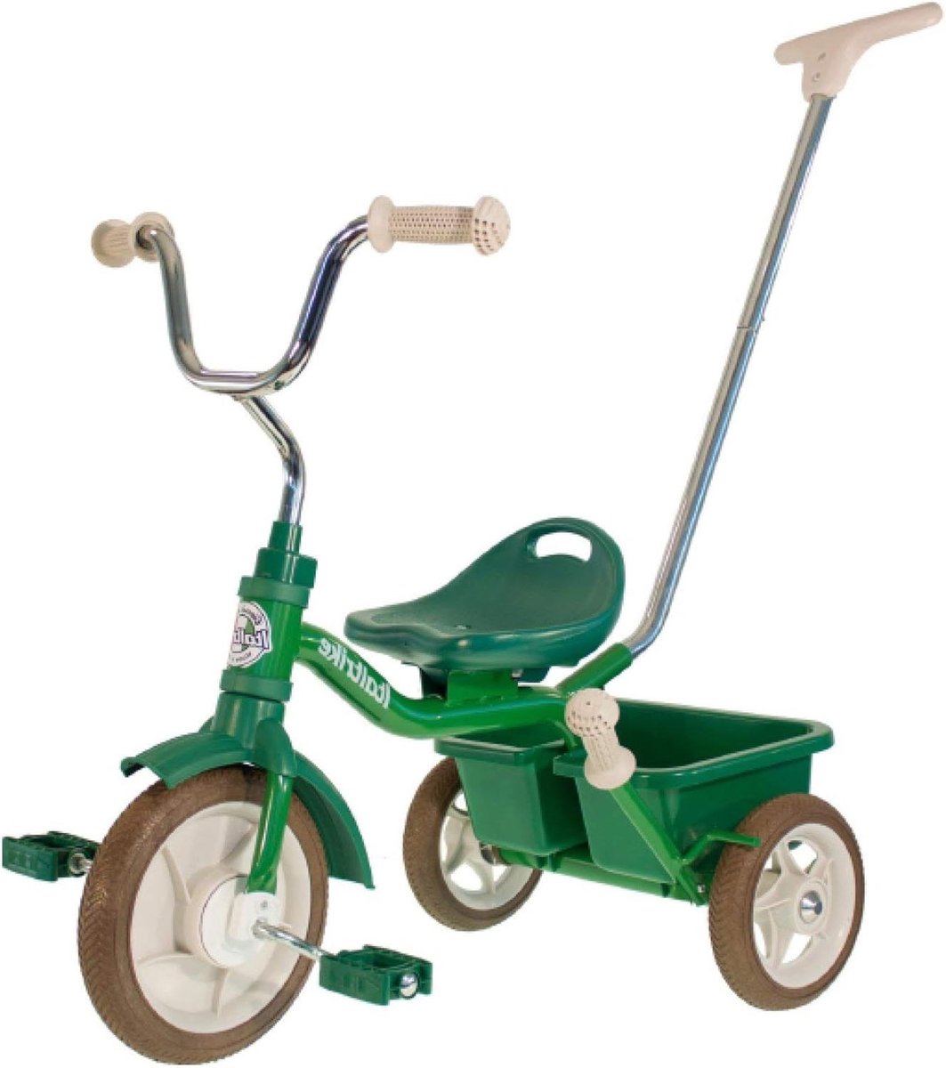 metalen driewieler kindertrike buiten spelen veiligheidsrem achteras verstelbaar zadel groen