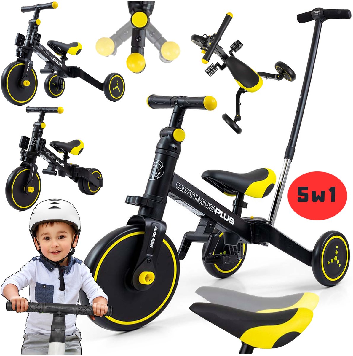 milly mally optimus plus 5 in 1 loopfiets met duwstang pedaaltjes