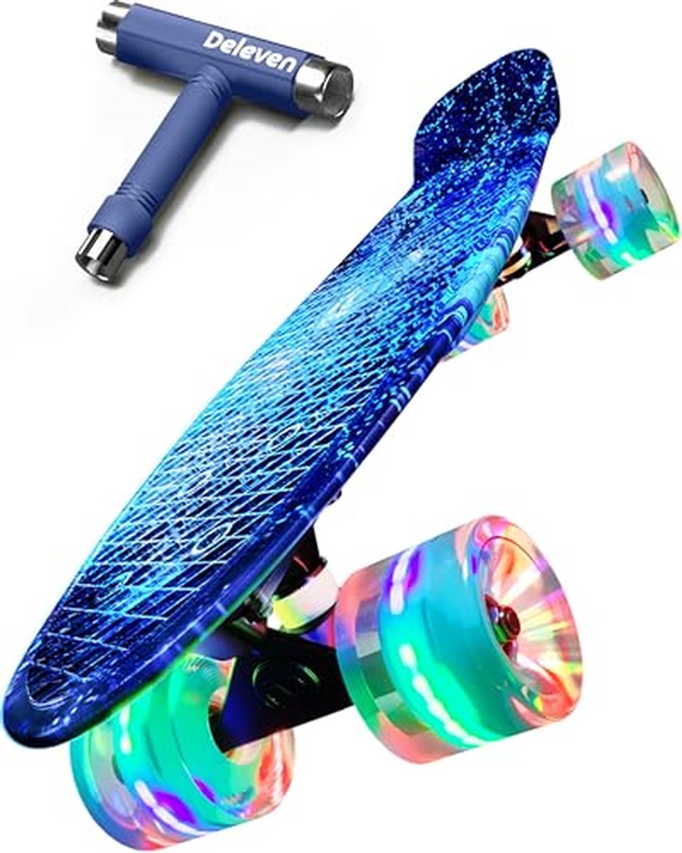 mini cruiser skateboard compact board stad cruisen led verlichte wielen 56cm blauw galaxy