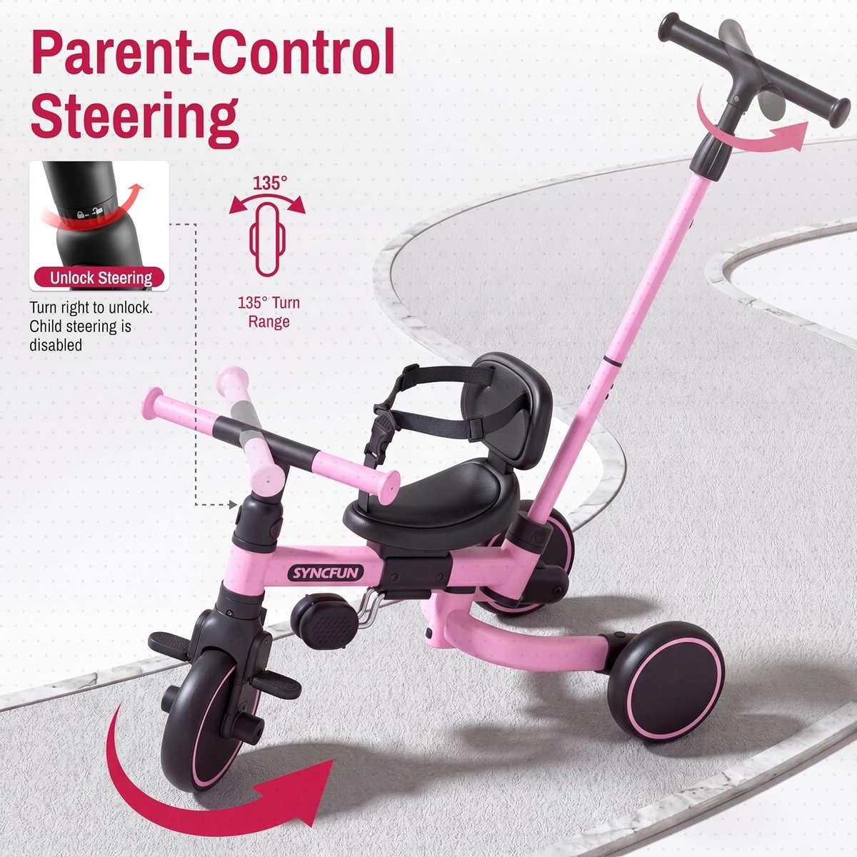 Multifunctionele 3-in-1 kinderdriewieler met duwstang voor 3-12 jaar, veilig en comfortabel kindervoertuig in roze, ideaal voor meisjes en buitenactiviteiten Driewieler kopen online