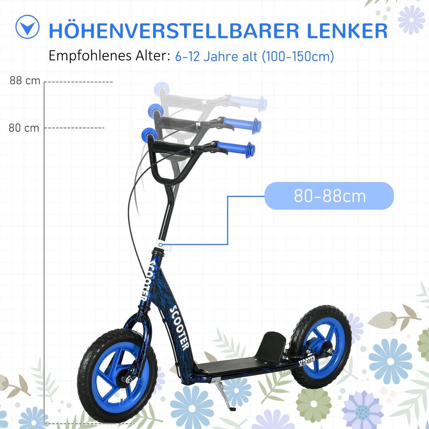 Playon Kinderstep - Met in hoogte verstelbaar stuur - Met achterrem en standaard - Met lekvrije wielen van 30 cm - 118 x 52 x 80-88 cm - Blauw Step kopen online