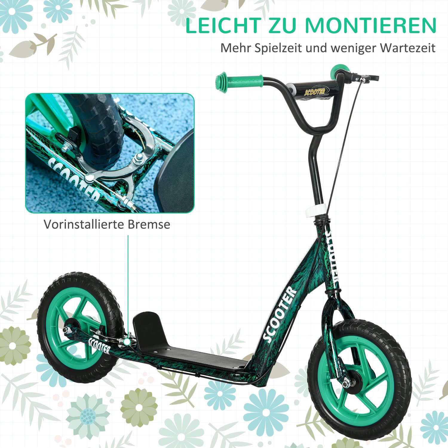 Playon Kinderstep - Met in hoogte verstelbaar stuur - Met achterrem en standaard - Met lekvrije wielen van 30 cm - 118 x 52 x 80-88 cm - Groen Step kopen online