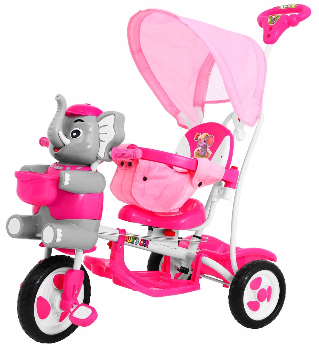 roze driewieler olifant voor kinderen geluid kap beugel