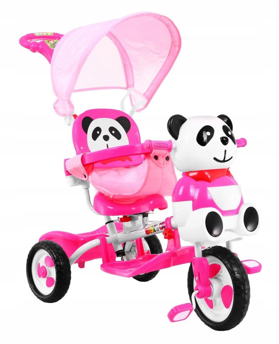 roze panda driewieler met kap duwstang geluid