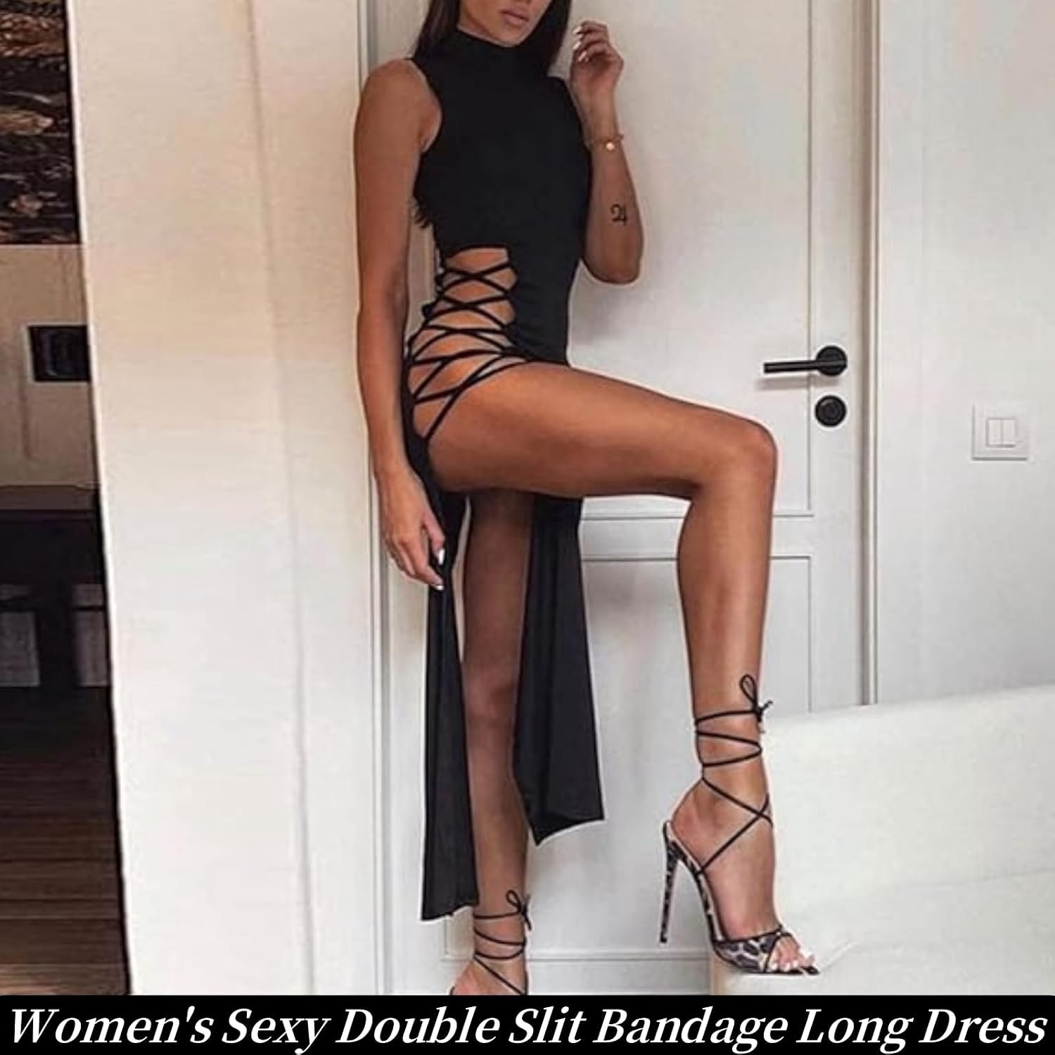 sexy damesjurk met dubbele hoge split zonder mouwen bodycon babydoll holle veters nachthemd elastisch lange nachtkleding bandage y2k chemise cocktailparty clubwear rave festival