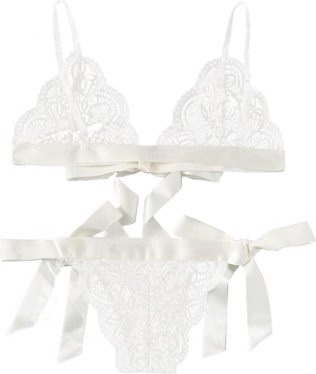 Sexy kanten lingerieset | niet-voorgevormde bh | brazilian | wit | maat M Step kopen online