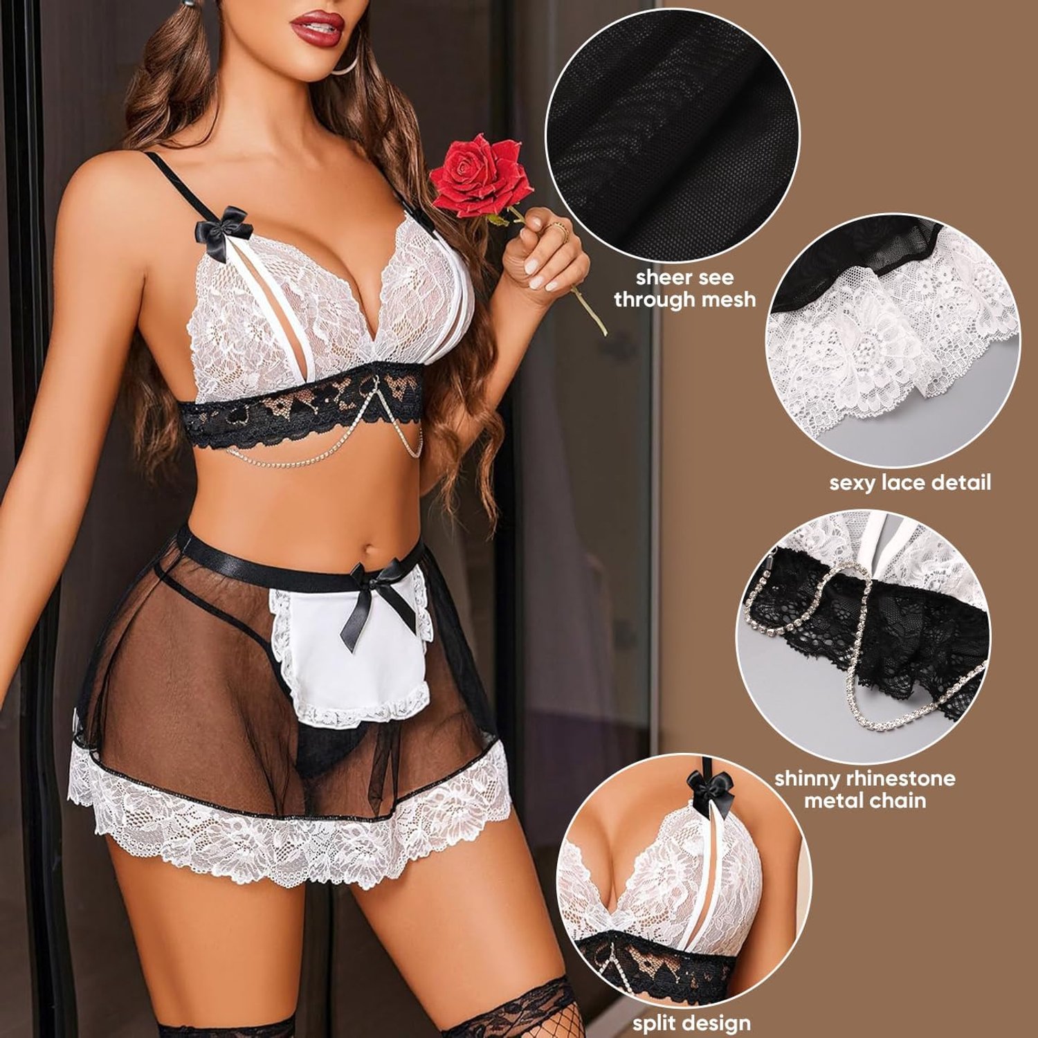 sexy kanten maid outfit beha en net mini jurk lingerie set halloween dienstmeisje cosplay kostuum transparant fantasie rollenspel babydoll mesh jurk voor clubwear party