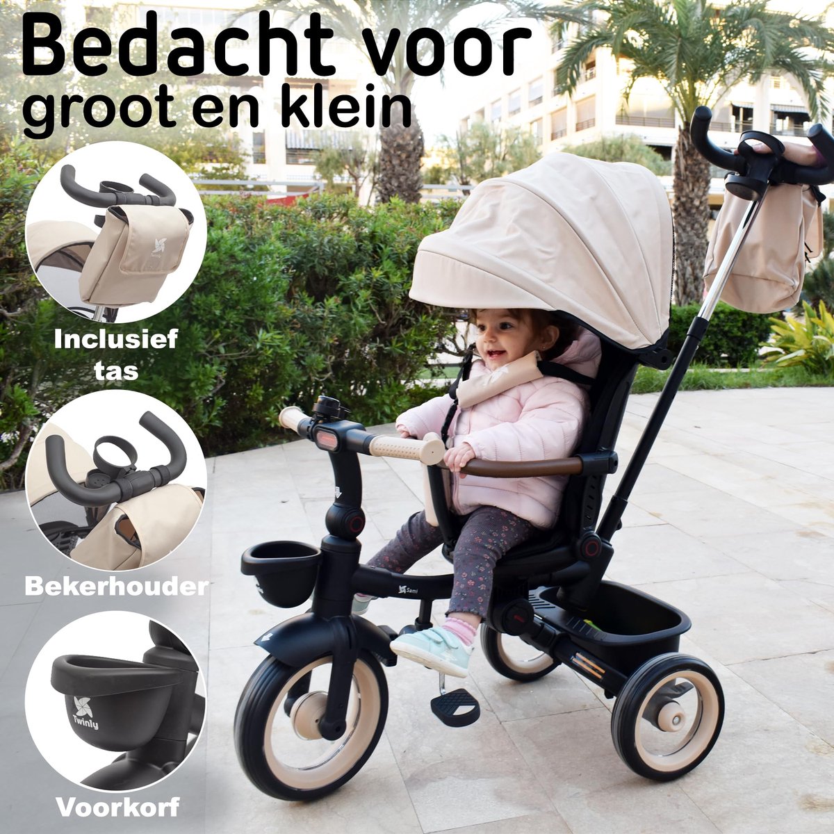 snelshoppen opvouwbare driewieler voor baby s 360 graden draaibare zitting lichtgewicht kinderwagen met uittrekbare kap beige voor 1 5 jaar of 2