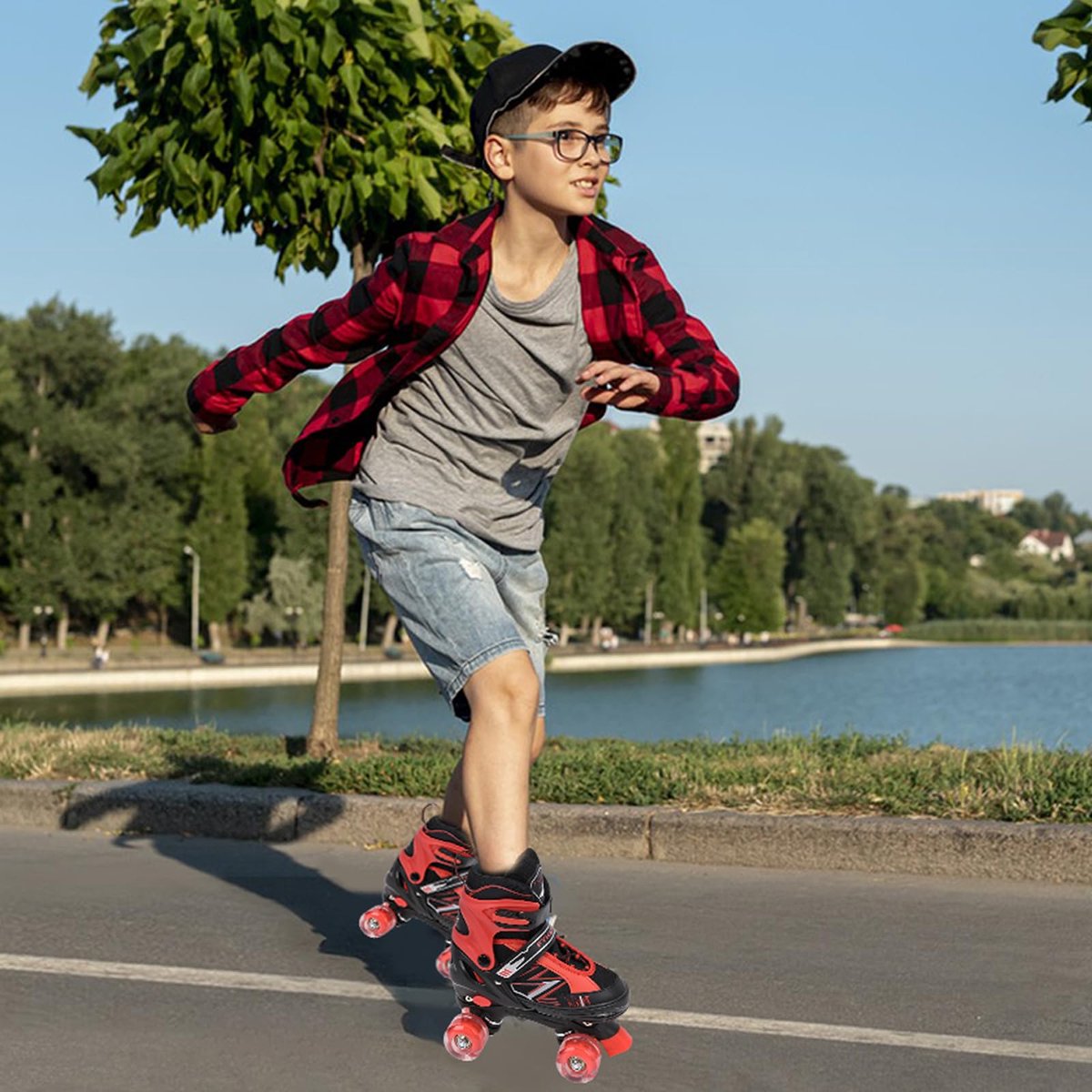 snelshoppen rolschaatsen voor kinderen jongens meisjes beginners verstelbaar in 4 maten lichtgevende wielen quad zwart rood voor sport en