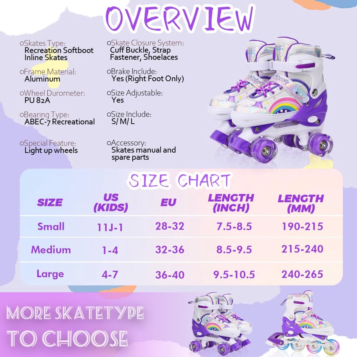 snelshoppen rolschaatsen voor kinderen meisjes beginners verstelbaar in 4 maten met lichtgevende wielen paars regenboog sport rolschaatsen medium 3