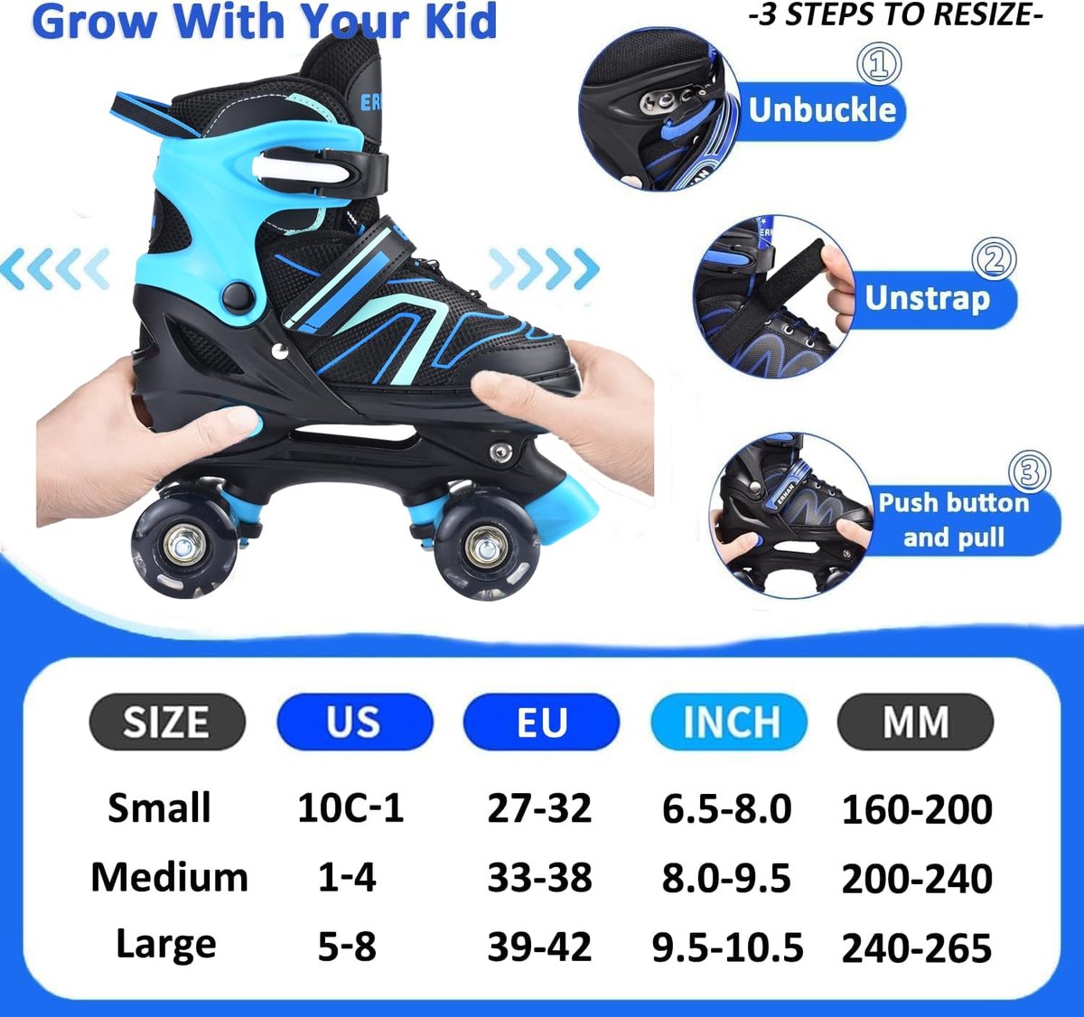 SnelShoppen - Rolschaatsen voor Kinderen, Verstelbaar, 4 Maten, Lichtjes in Wieltjes, Quad Rolschaatsen voor Jongens en Meisjes, Blauw, M Rolschaatsen kopen online