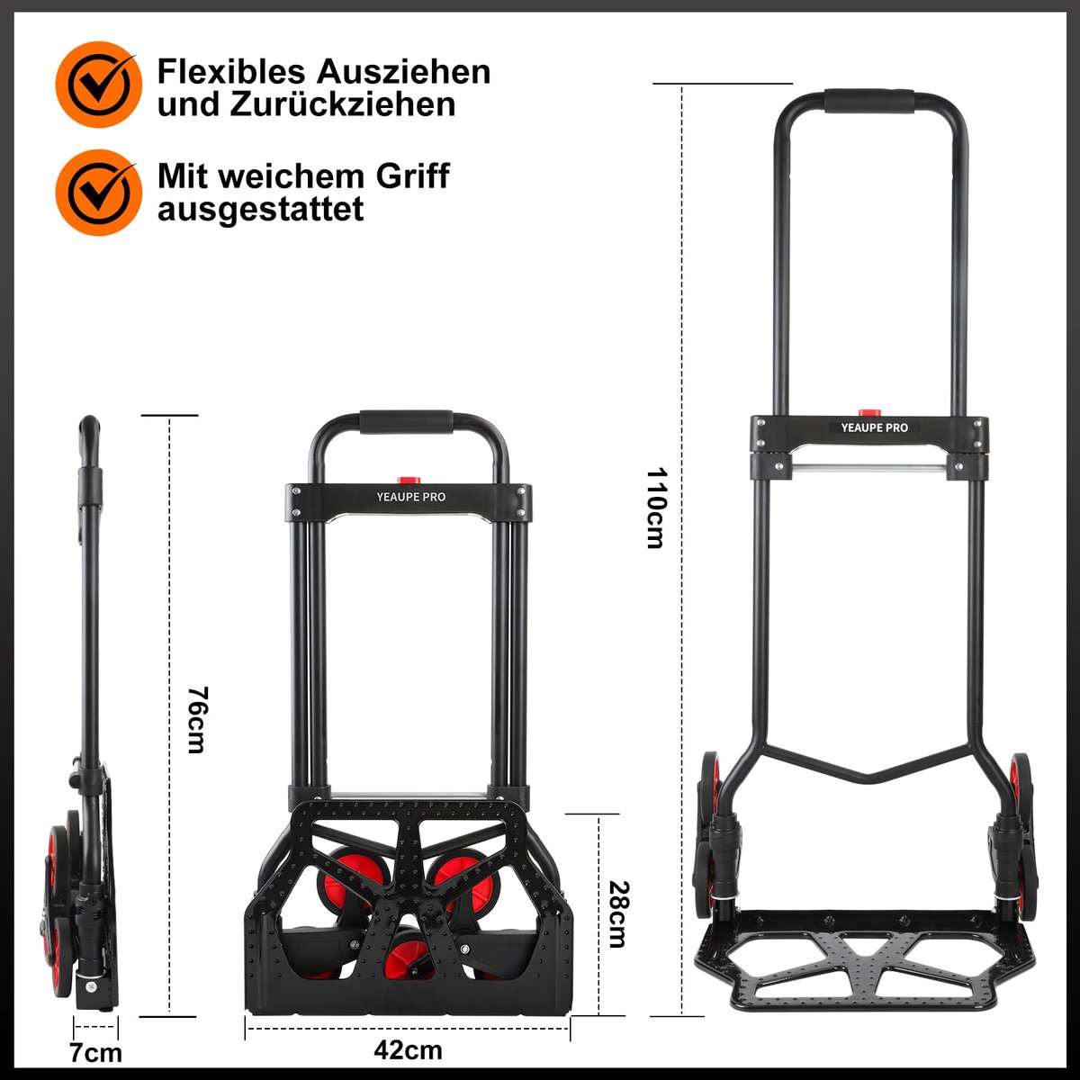 snelshoppen vouwbare handtruck met 50 kg draagcapaciteit hoogte verstelbaar traploper 2 verleng riemen zachte grip zwart driewieler