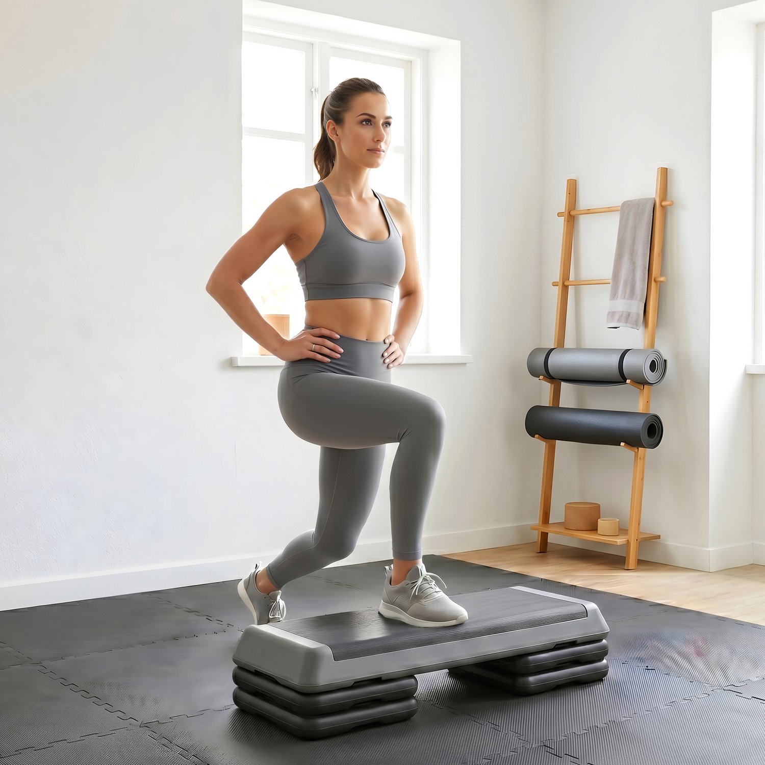 stepapparaat verstelbare fitness stepper 3 verstelbare hoogtes 10 5 15 5 20 5 cm antislip pe oppervlak groot loopvlak 77x36 cm kleur grijs afmetingen 77x36x20 5 cm