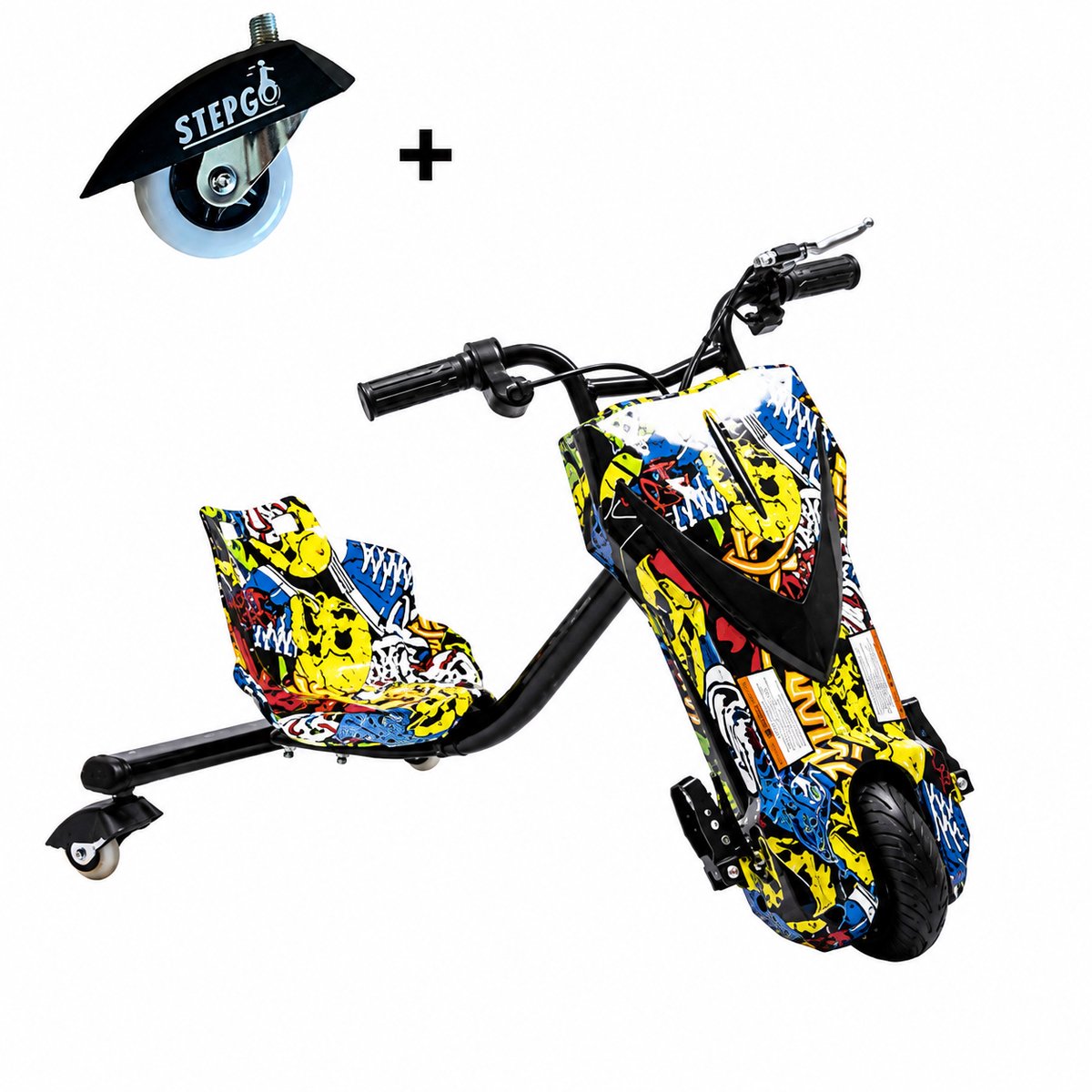 stepgo drift trike elektrisch elektrische driewieler met extra wieltje skelter elektrisch graffiti geel elektrisch voertuig kinderen