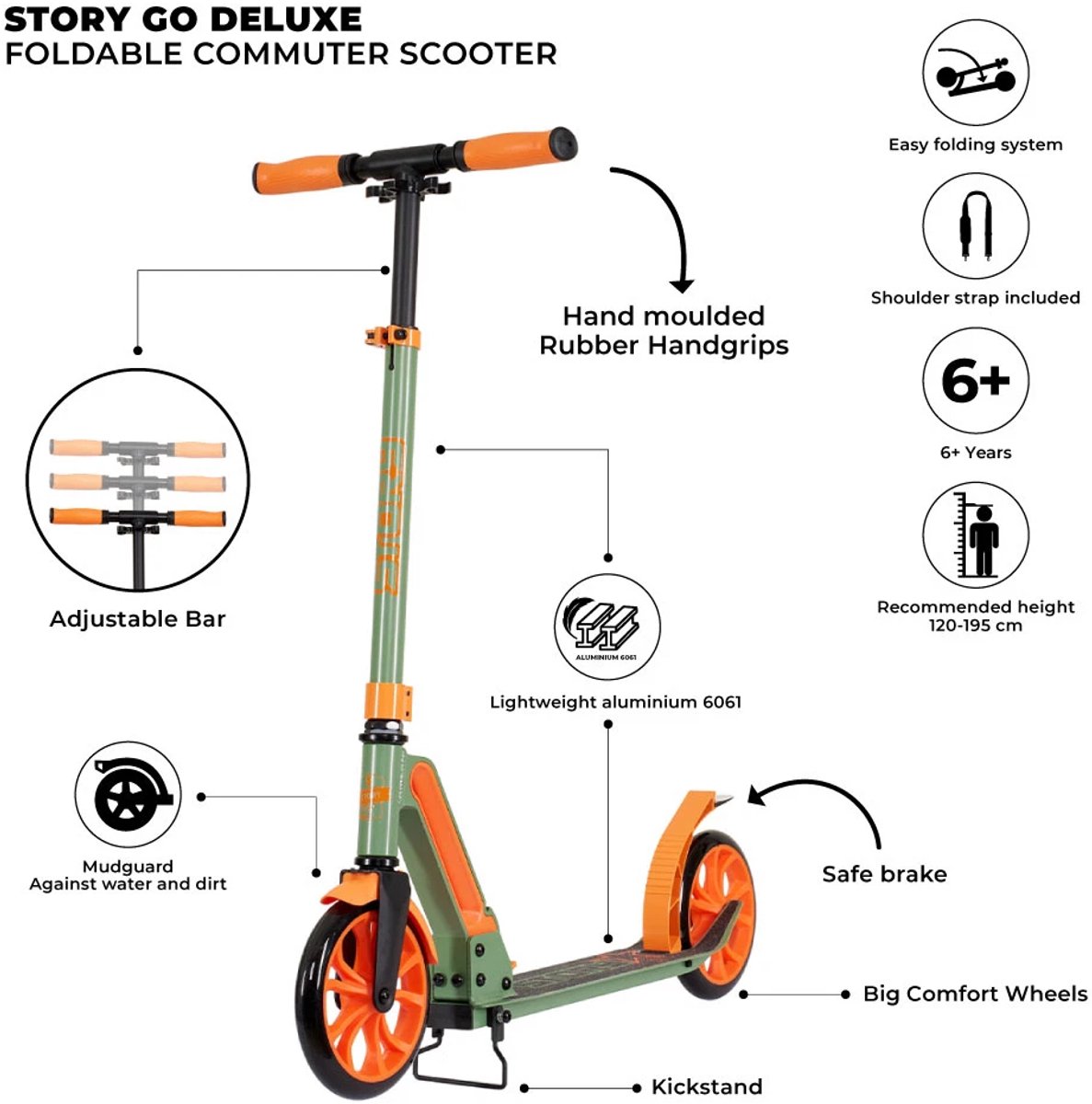 Story GO Deluxe Foldable Commuter Scooter Green/Orange 80-106 cm Step kopen online