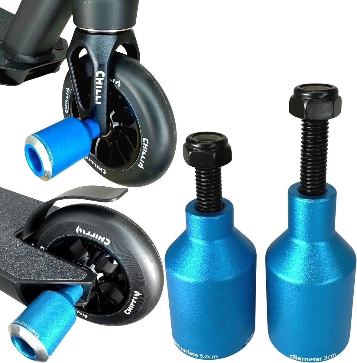 stunt scooter pegs grind rods step roller park rider aluminium lichtgewicht 56 mm rocket blauw