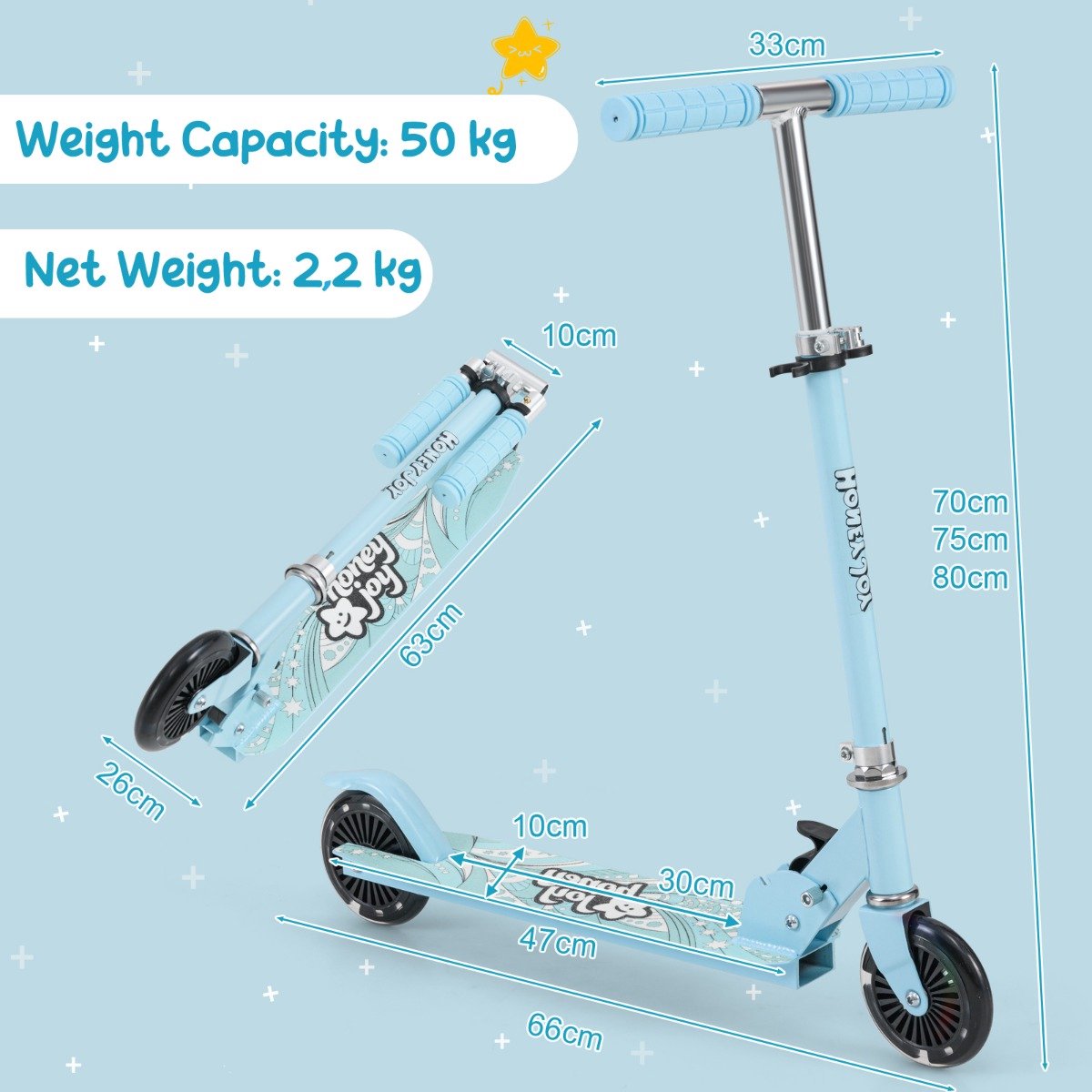 suredeal kinderstepp kinderstep wielige scooter knipperende wielen verstelbaar achterremsysteem standaard 66x33x80 cm blauw