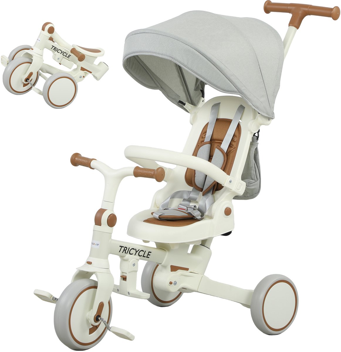 tekroa 5 in 1 kindertrike met verstelbare rugleuning peutertrike met duwstang verstelbare rugleuning cr mewit