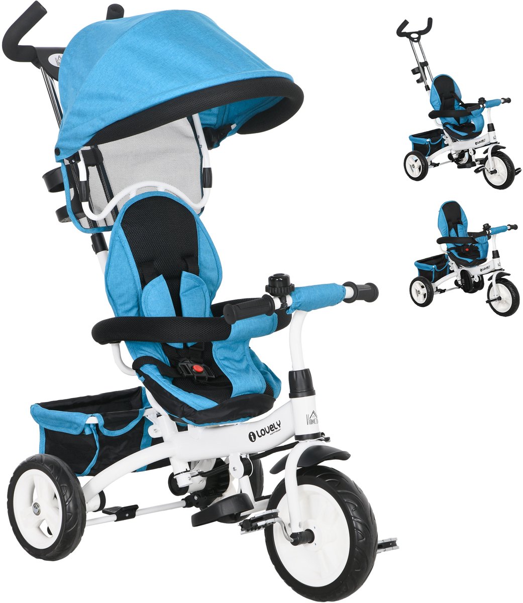 tekroa 6 in 1 kinder driewieler met duwstang zonnekap 5 punts veiligheidsgordel opbergruimte voetsteun en rem voor kinderen van 1 5 jaar blauw