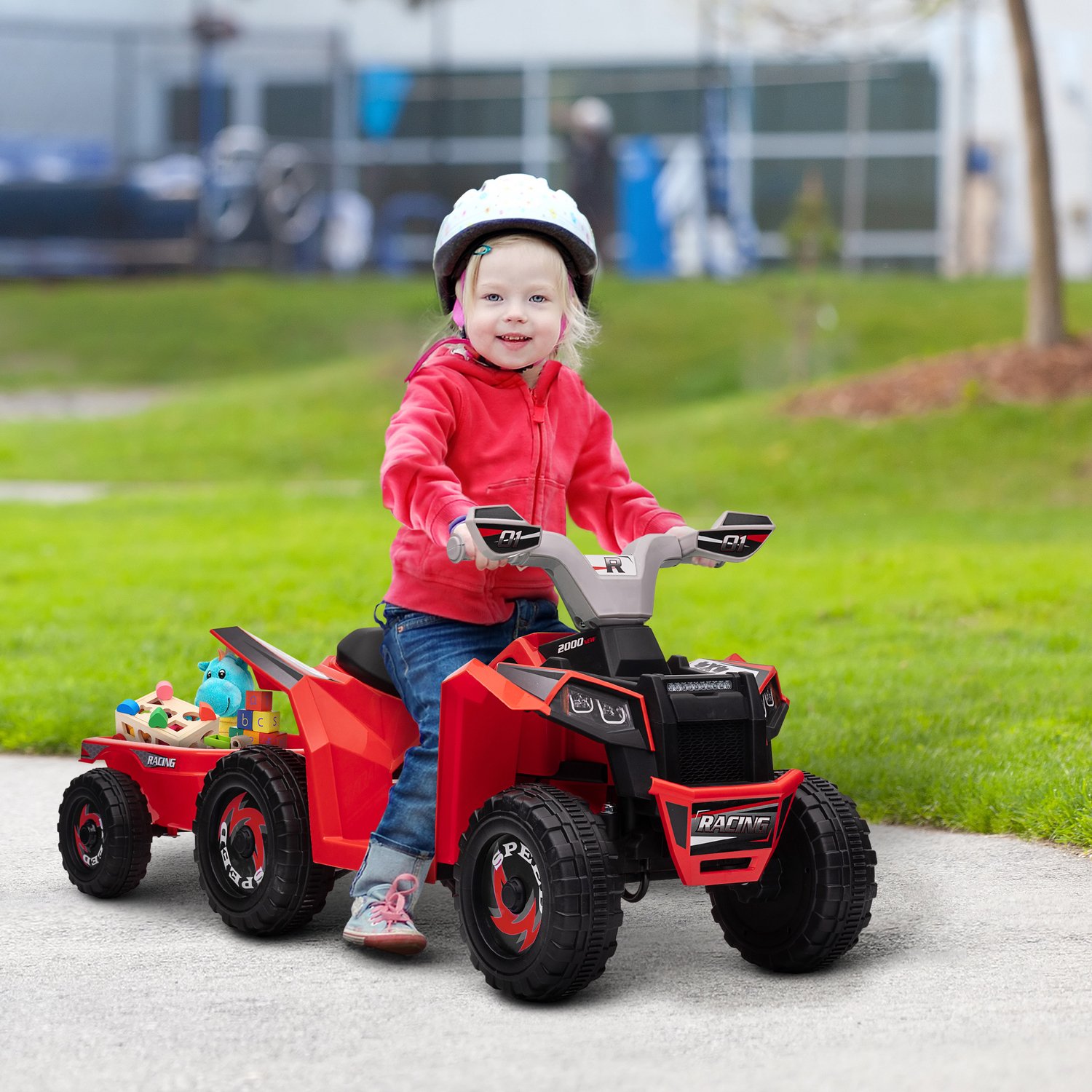 tekroa elektrische quad voor kinderen met aanhanger voetpedaal voor en achteruitversnelling 2 5 km u voor 18 36 maanden 106l x 41 5p x 48 5a cm rood