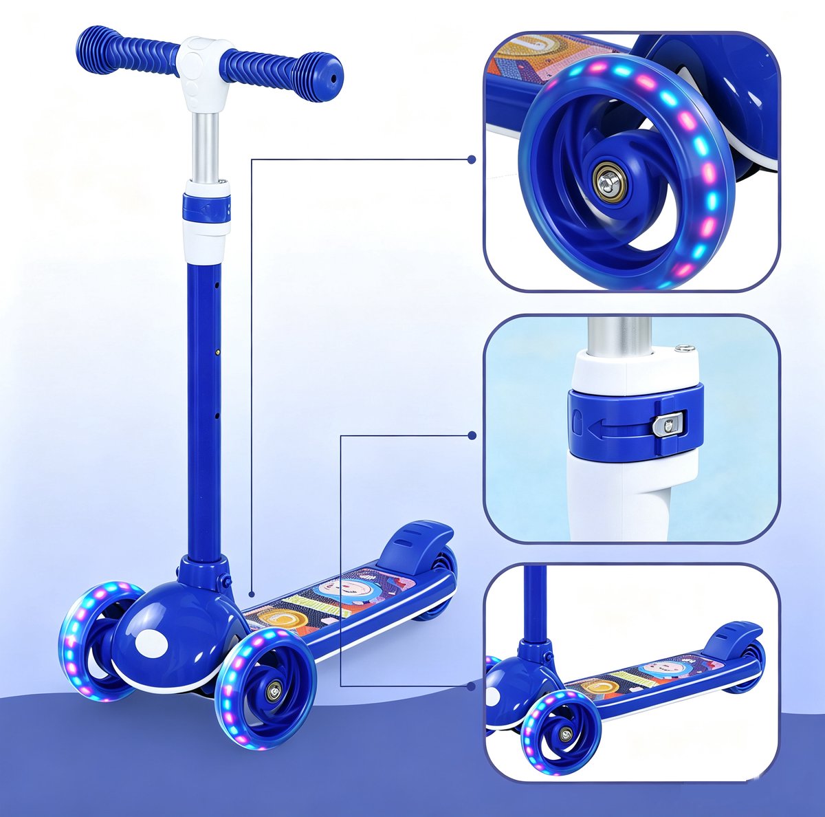 TEKROA® Kinderstep - met 3 wielen voor kinderen -max 25kg - van 2-6 jaar met verstelbare hoogte - LED-verlichting - TPE-stuur - 52L x 29W x 63/76Hcm - blauw Step kopen online