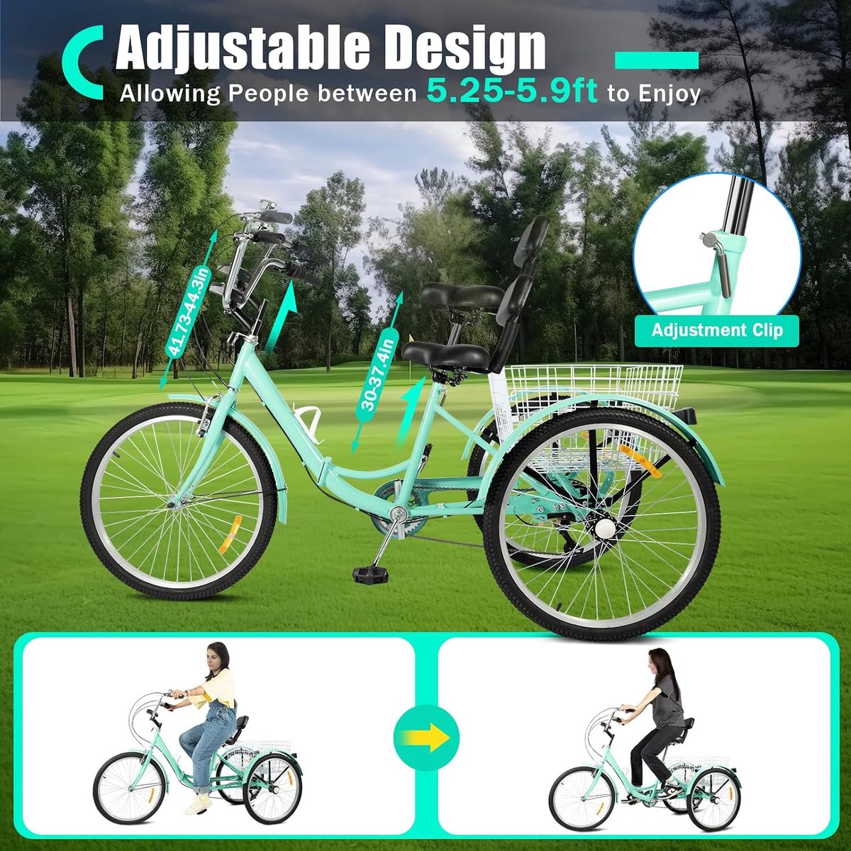 vouwfiets driewieler volwassen trike comfortabel transport 7 versnellingen inklapbaar 24 inch wielen turquoise